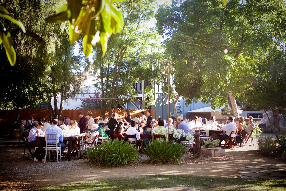 Wedding guests seated in the tasting room garden