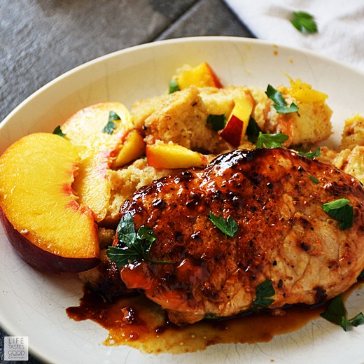 Peach Glazed Pork Chops and Stuffing