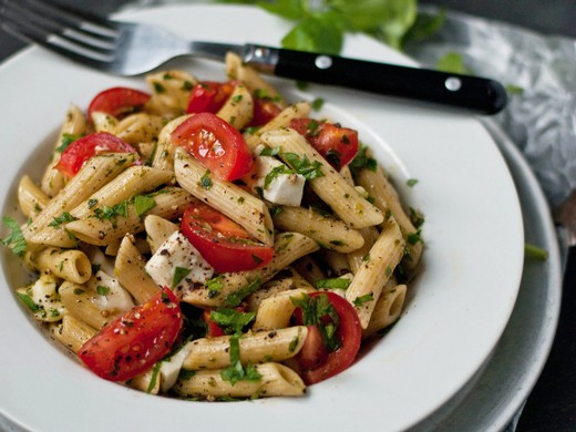 Penne with Salsa Verde, Mozzarella, and Cherry Tomatoes